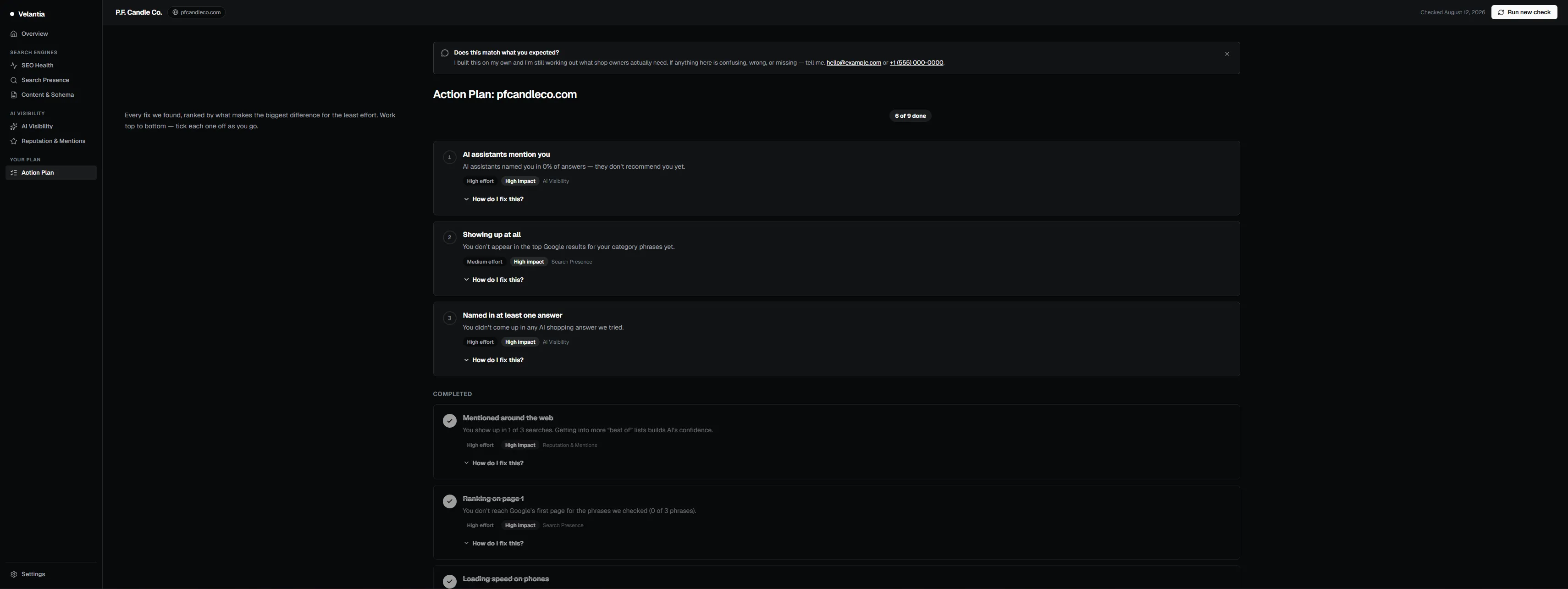 The Velantia action plan: a ranked list of fixes, each with an effort and impact label and an expandable 'How do I fix this?' section